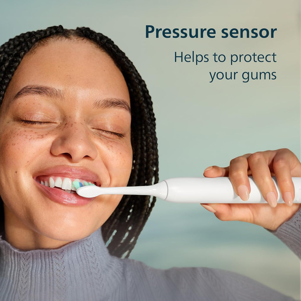 4100 Series Electric Toothbrush - Sonic Toothbrush with Advanced Sonic Technology, Pressure Sensor, Two Intensity Settings, Smartimer & Quadpacer, White, Model HX3681/23