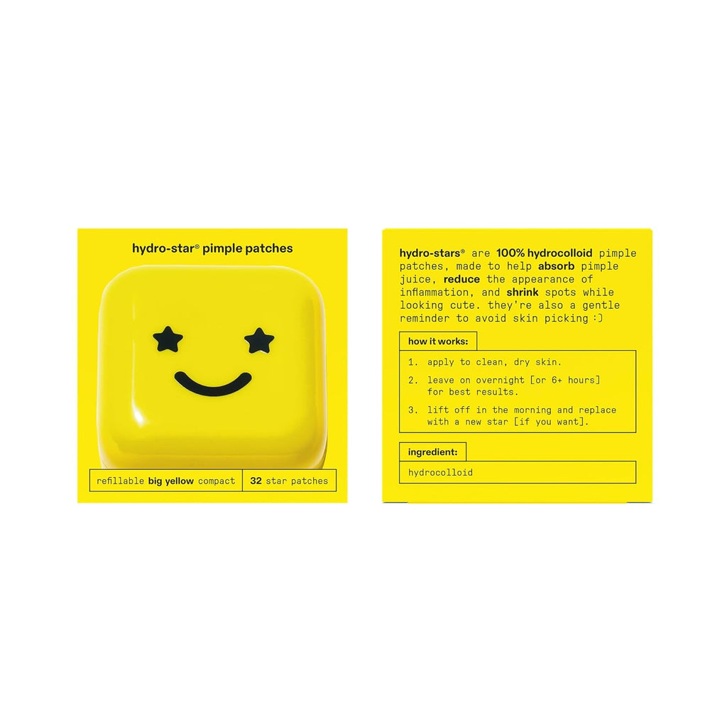 Hydro-Star Pimple Patches + Big Yellow Compact, Clinically Proven Spot Shrinking in 6 Hours, Absorb Fluid and Reduce Redness, Hydrocolloid, Vegan and Cruelty-Free Skincare (32 Count)