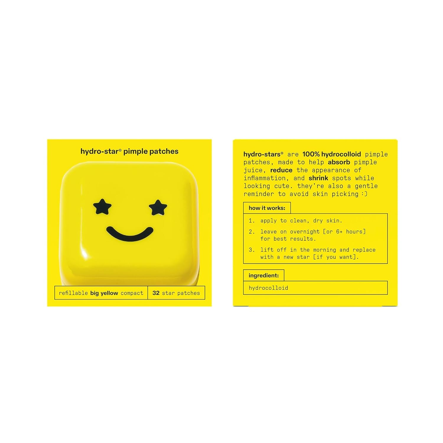 Hydro-Star Pimple Patches + Big Yellow Compact, Clinically Proven Spot Shrinking in 6 Hours, Absorb Fluid and Reduce Redness, Hydrocolloid, Vegan and Cruelty-Free Skincare (32 Count)