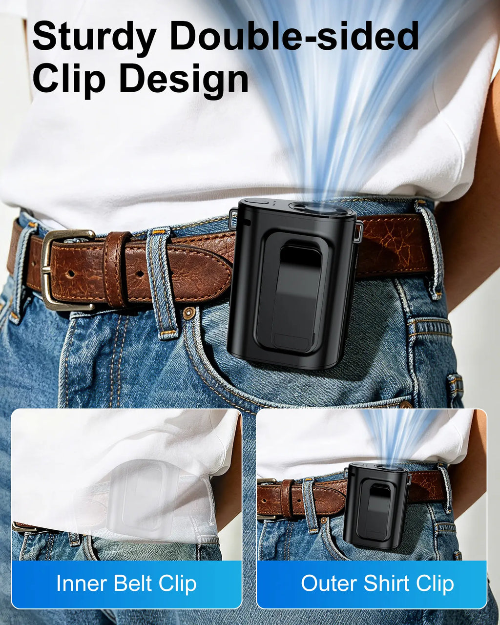 Portable Clip Fan Rechargeable 5000Mah, 4-Speed Strong Airflow Waist & Belt Clip Fan with Stand, Wearable Cooling Fan for Work, Camping, Travel, Hiking Outdoor Essentials Black