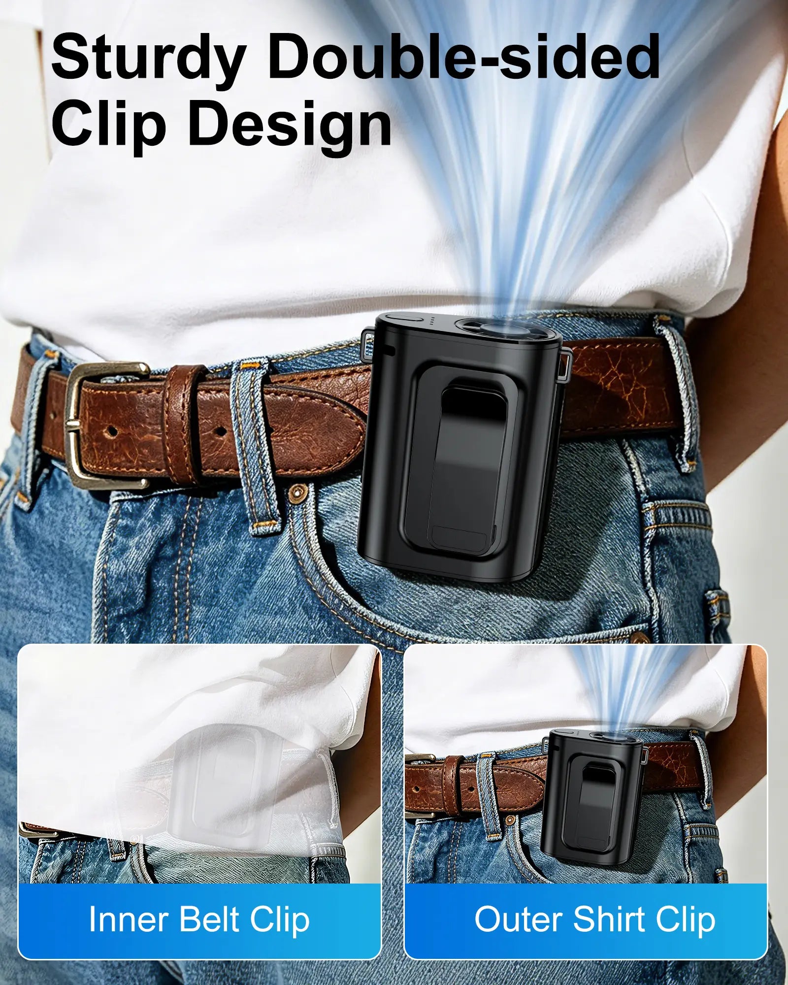 Portable Clip Fan Rechargeable 5000Mah, 4-Speed Strong Airflow Waist & Belt Clip Fan with Stand, Wearable Cooling Fan for Work, Camping, Travel, Hiking Outdoor Essentials Black
