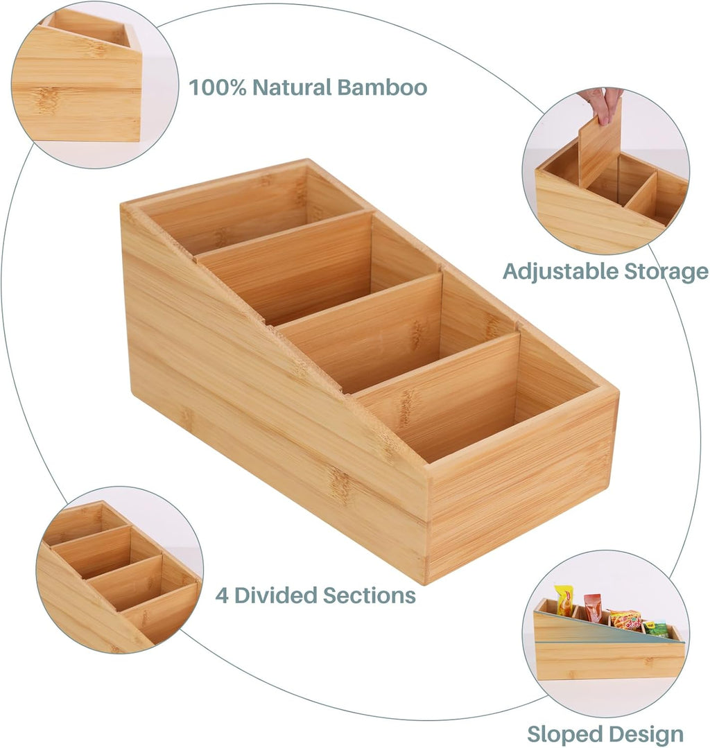 4-Section Snack Organizer with Removable Dividers for Kitchen, Cabinet, Office, Countertop, 2 Pack Bamboo Pantry Storage Organization for Spice Packets, Seasoning Pouches, Coffee Pods