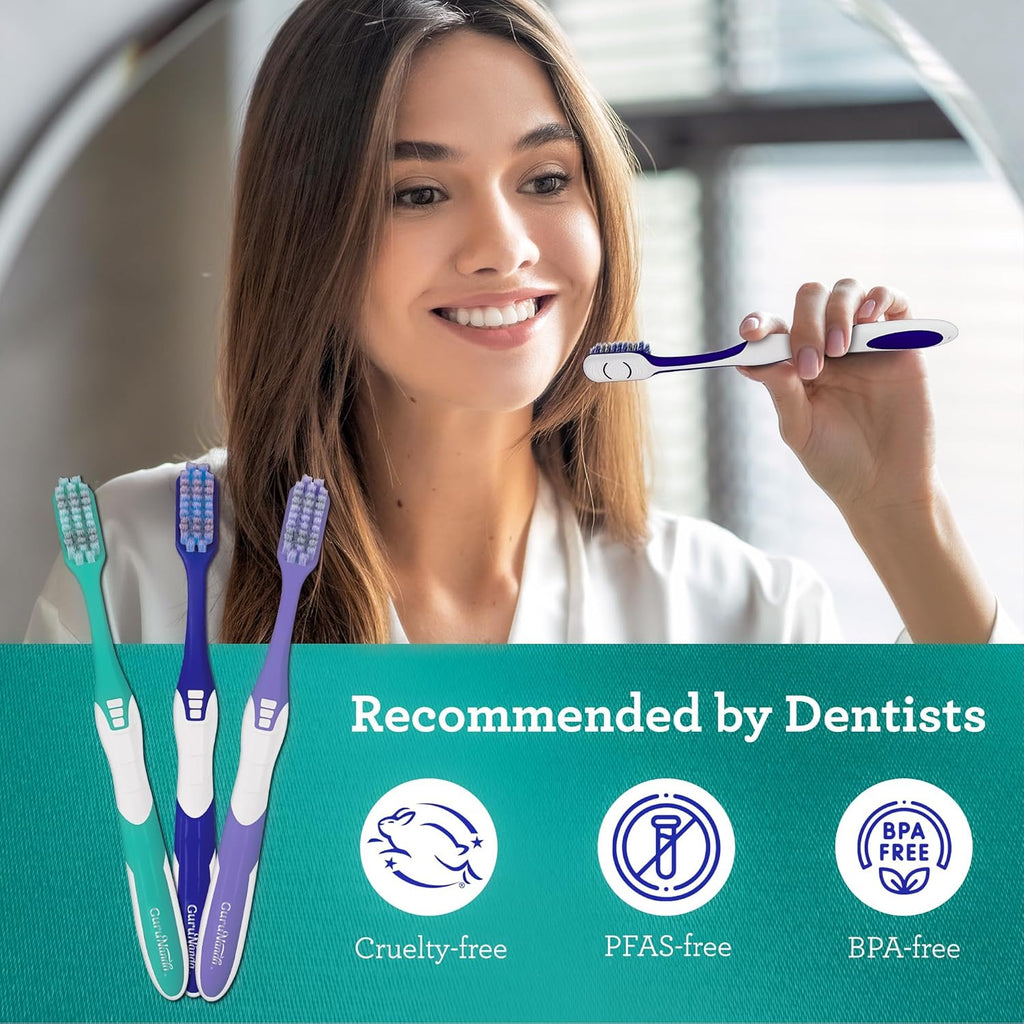 Gentle Giant Toothbrush with Dual Action Flossing Spiral Bristles, Non-Slip Ergo Dexa Grip, Helps in Teeth Whitening, BPA Free Manual Toothbrushes, Assorted Colors, 4 Count