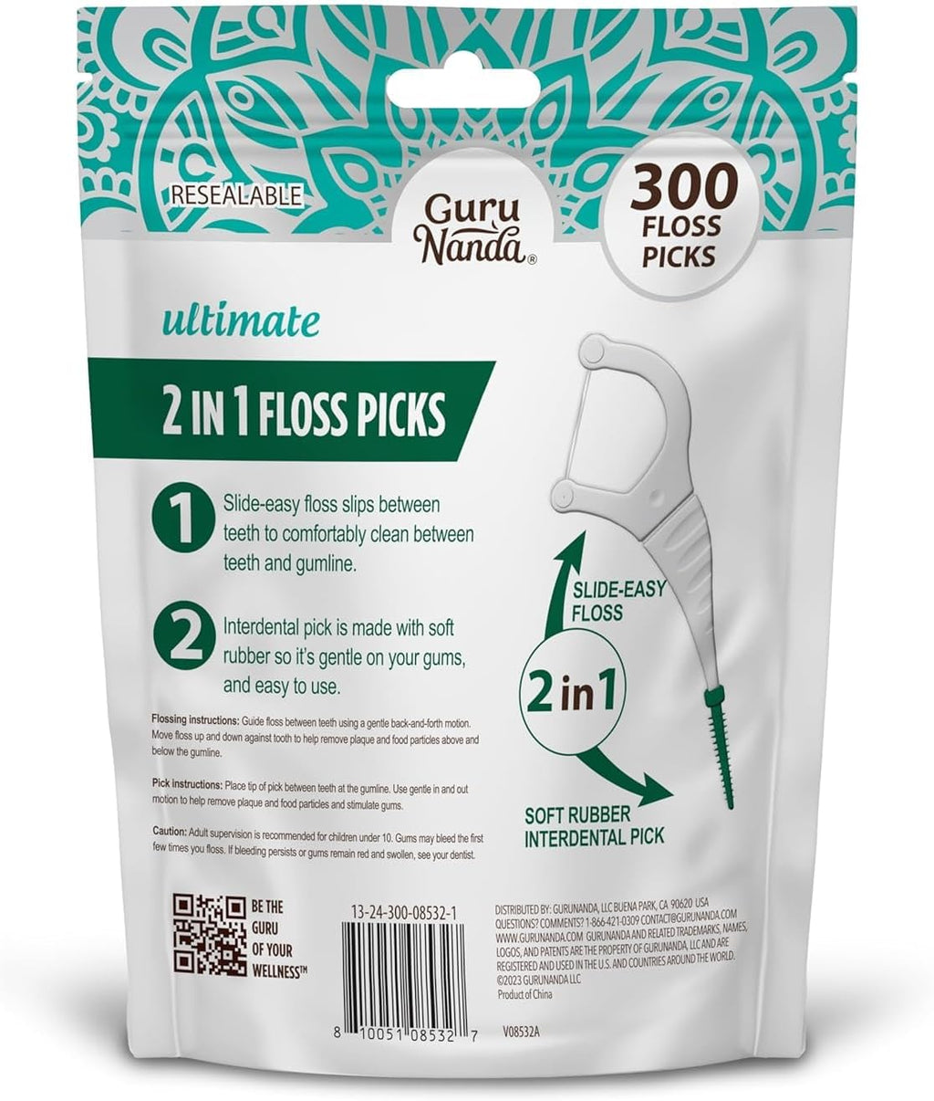 2 in 1 Dental Floss Picks for Oral Care, PFAS Free – Non-Slip Grip, Slide Easy, No Break or Shred Flosser with Interdental Pick for Healthy Teeth & Gums – Mint Flavor, 300 Count (1 Pack)