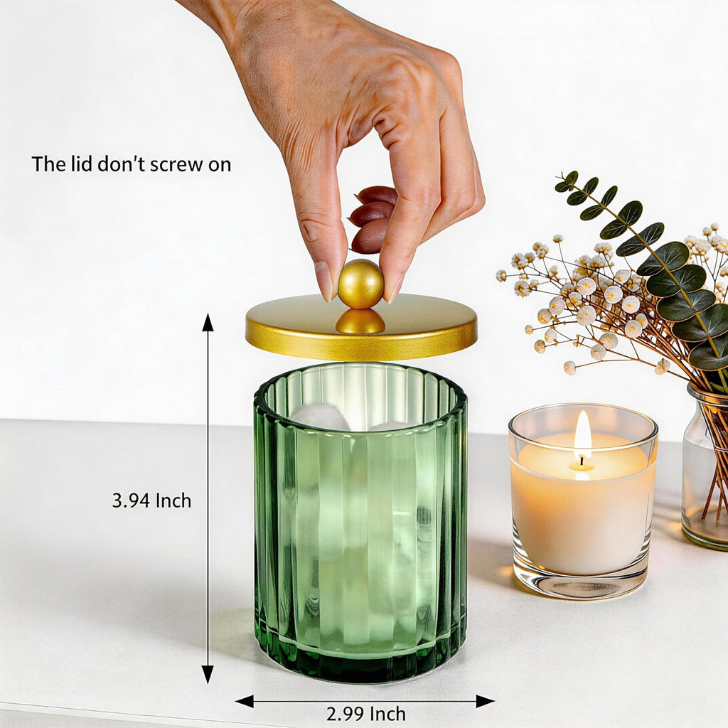 Sage Green Glass Qtip Holder Dispenser, Bathroom Canister Apothecary Jar for Cotton Swabs, Cotton Balls, round Pads, Floss Picks, Countertop Storage Organizer Container for Vanity,Gold 2 Pack