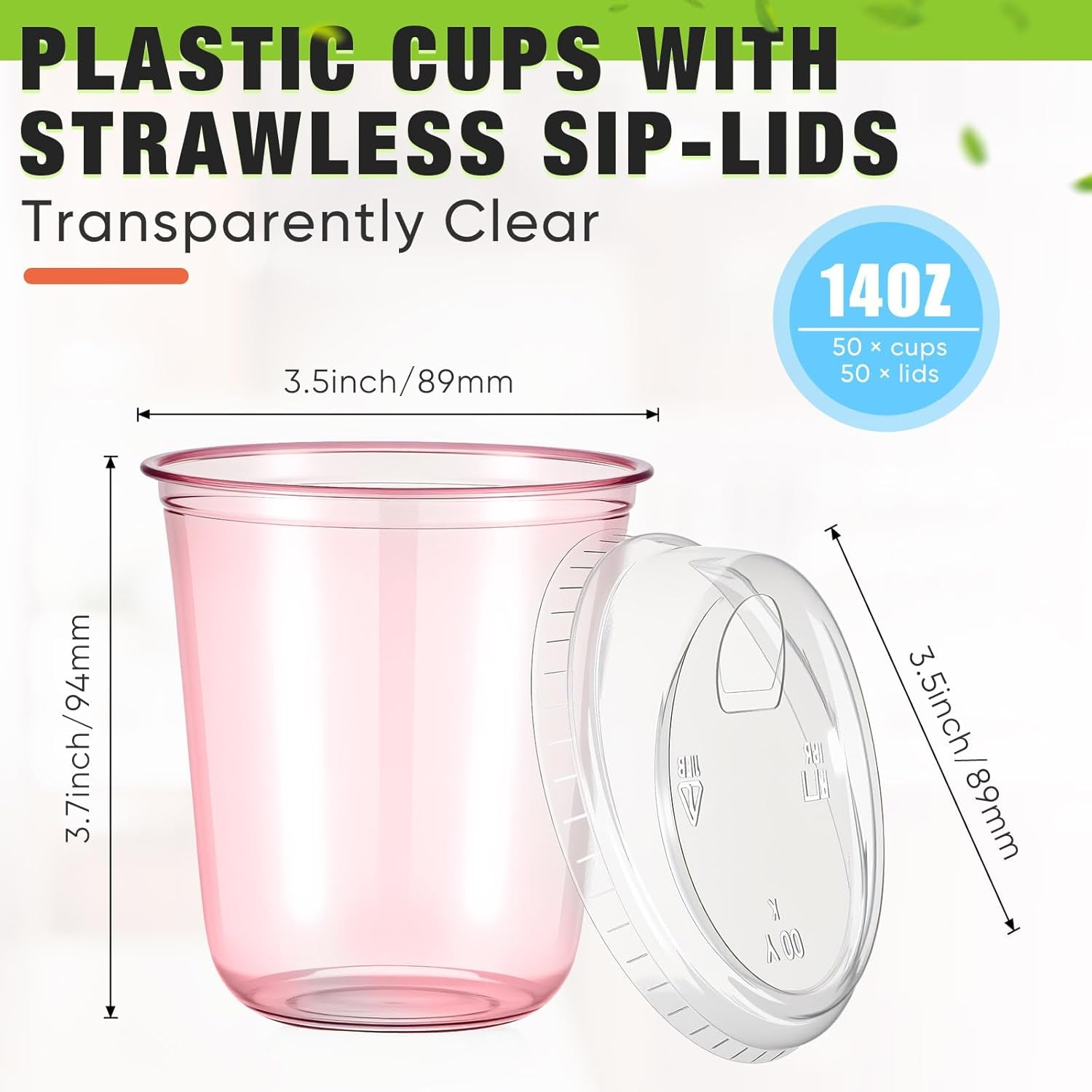 50 Sets Clear Plastic Coffee Cups with Sip Lids, Disposable Plastic PET Crystal Cups for Iced Coffee, Smoothie, Cold Beverage, Drink Shops and Party Catering (Clear Pink,14 Oz)