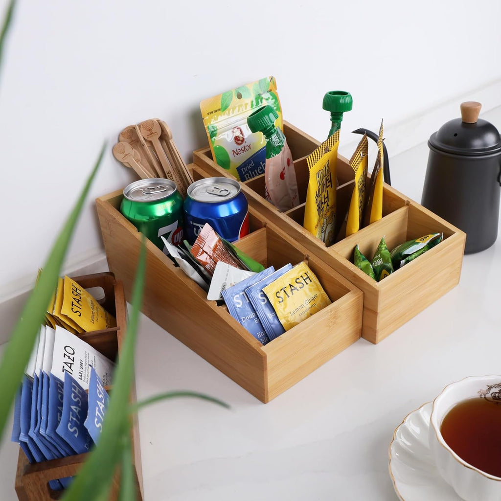 4-Section Snack Organizer with Removable Dividers for Kitchen, Cabinet, Office, Countertop, 2 Pack Bamboo Pantry Storage Organization for Spice Packets, Seasoning Pouches, Coffee Pods