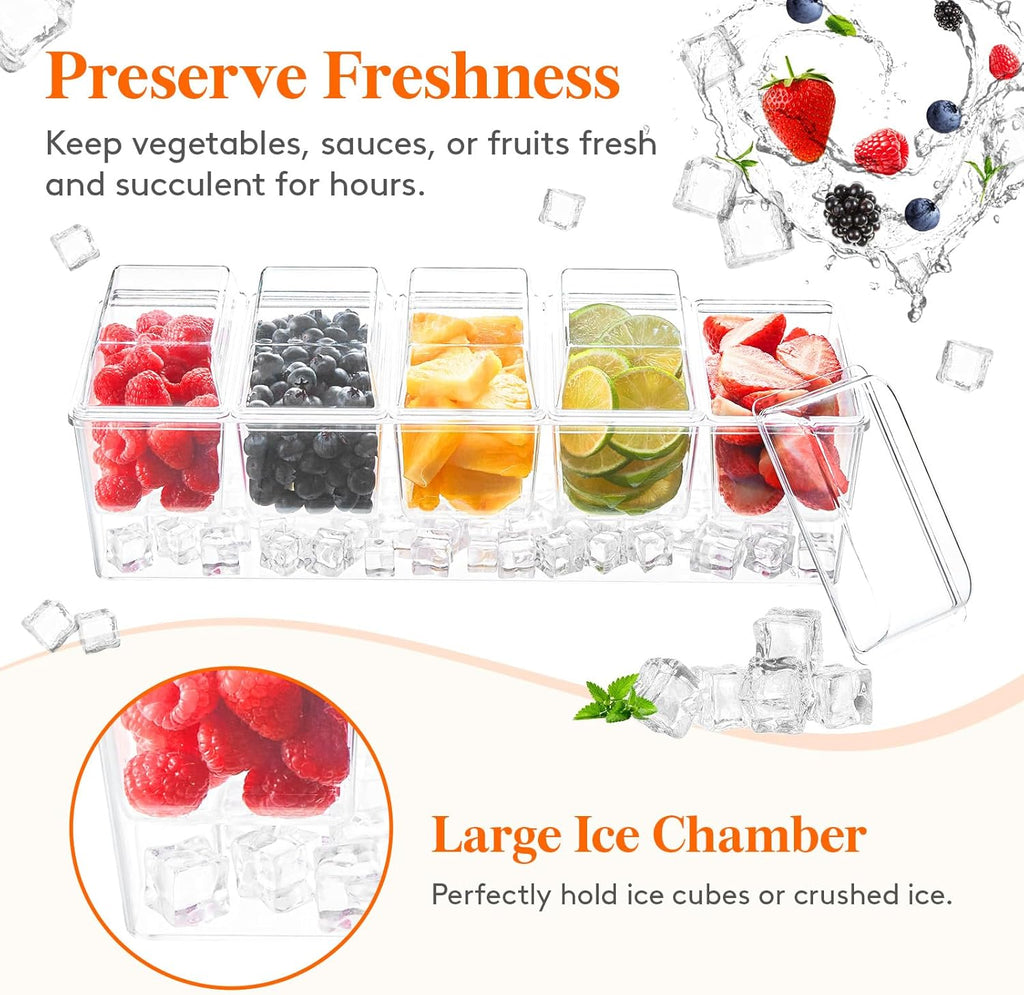 Taco Bar Serving Set for Party with 5 X 20 Oz Containers & Components, Ice Chilled Condiment Caddy Organizer, Garnish Serving Tray Platter for Mimosa Bar Accessories, Fruit, Salad, Food