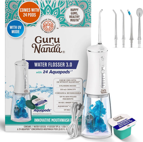 Advanced Dental Water Flosser 3.0 with UV Mode Water Flosser & 24 Aquapods with Mouthwash for Fresh Breath & Plaque Removal, Compact & Tsa-Friendly