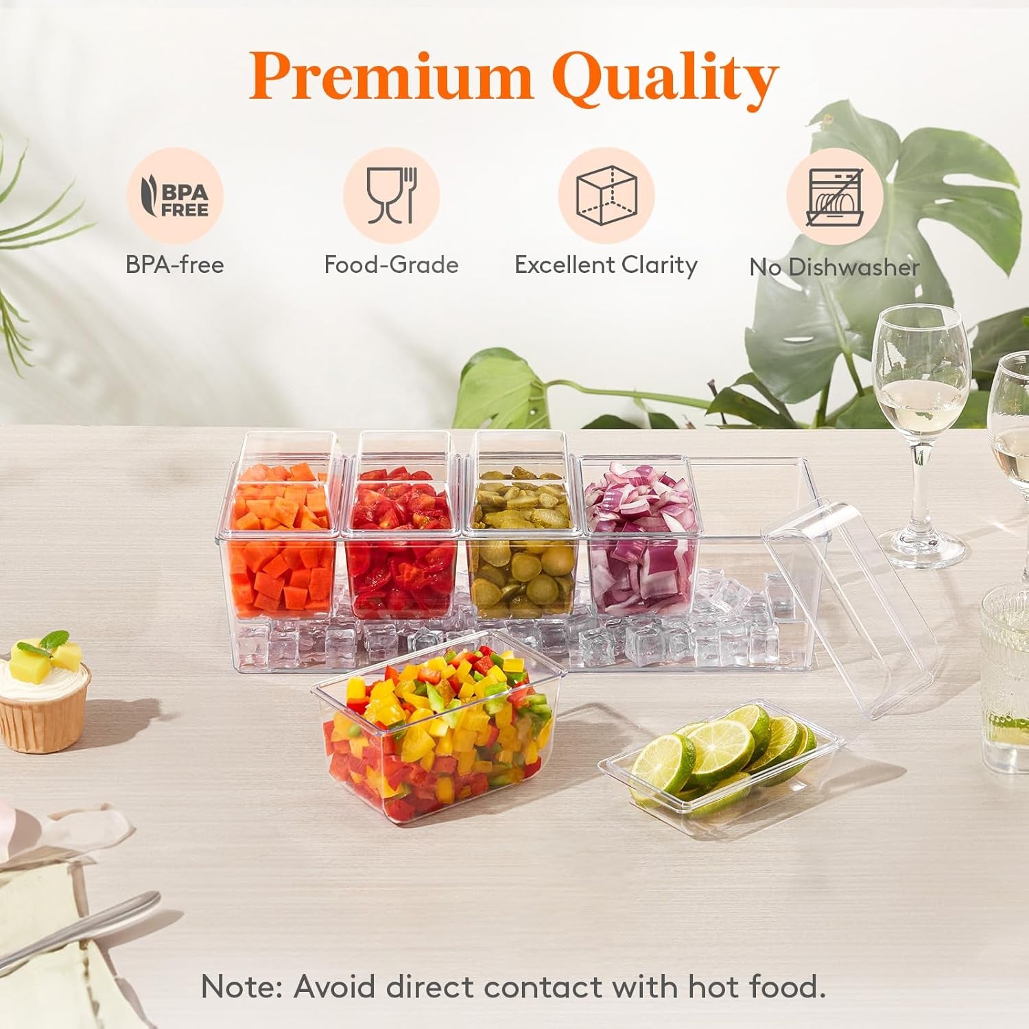 Taco Bar Serving Set for Party with 5 X 20 Oz Containers & Components, Ice Chilled Condiment Caddy Organizer, Garnish Serving Tray Platter for Mimosa Bar Accessories, Fruit, Salad, Food