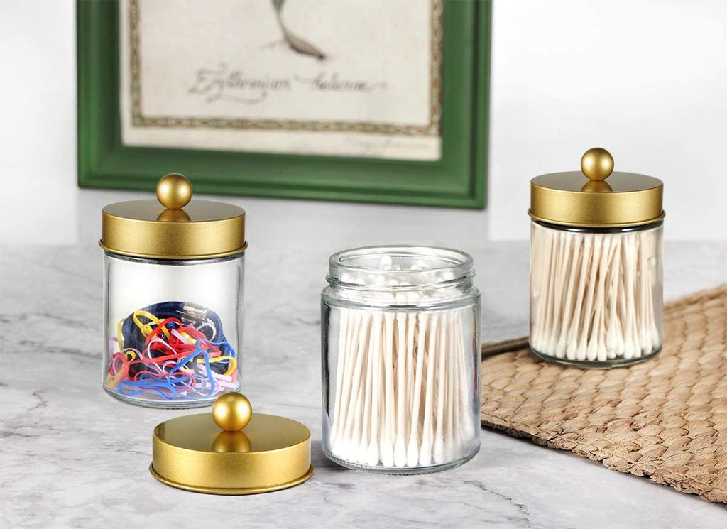 Apothecary Jars Bathroom Storage Organizer -Countertop Storage Organizer Canister Jar - Cute Qtip Dispenser Holder Glass with Lid- for Cotton Swabs,Bath Salts,Hair Band / 2-Pack(Gold)