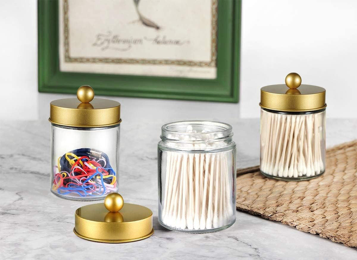 Apothecary Jars Bathroom Storage Organizer -Countertop Storage Organizer Canister Jar - Cute Qtip Dispenser Holder Glass with Lid- for Cotton Swabs,Bath Salts,Hair Band / 2-Pack(Gold)