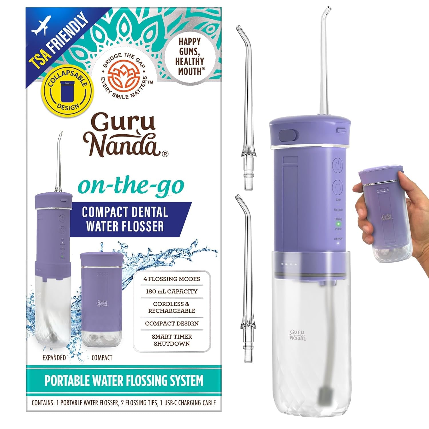 Compact Water Dental Flosser, Portable Travel Size Oral Irrigator Flosser with Collapsible 180 Ml Tank, Smart Timer, 4 Flossing Modes, Tsa-Friendly - Lavender
