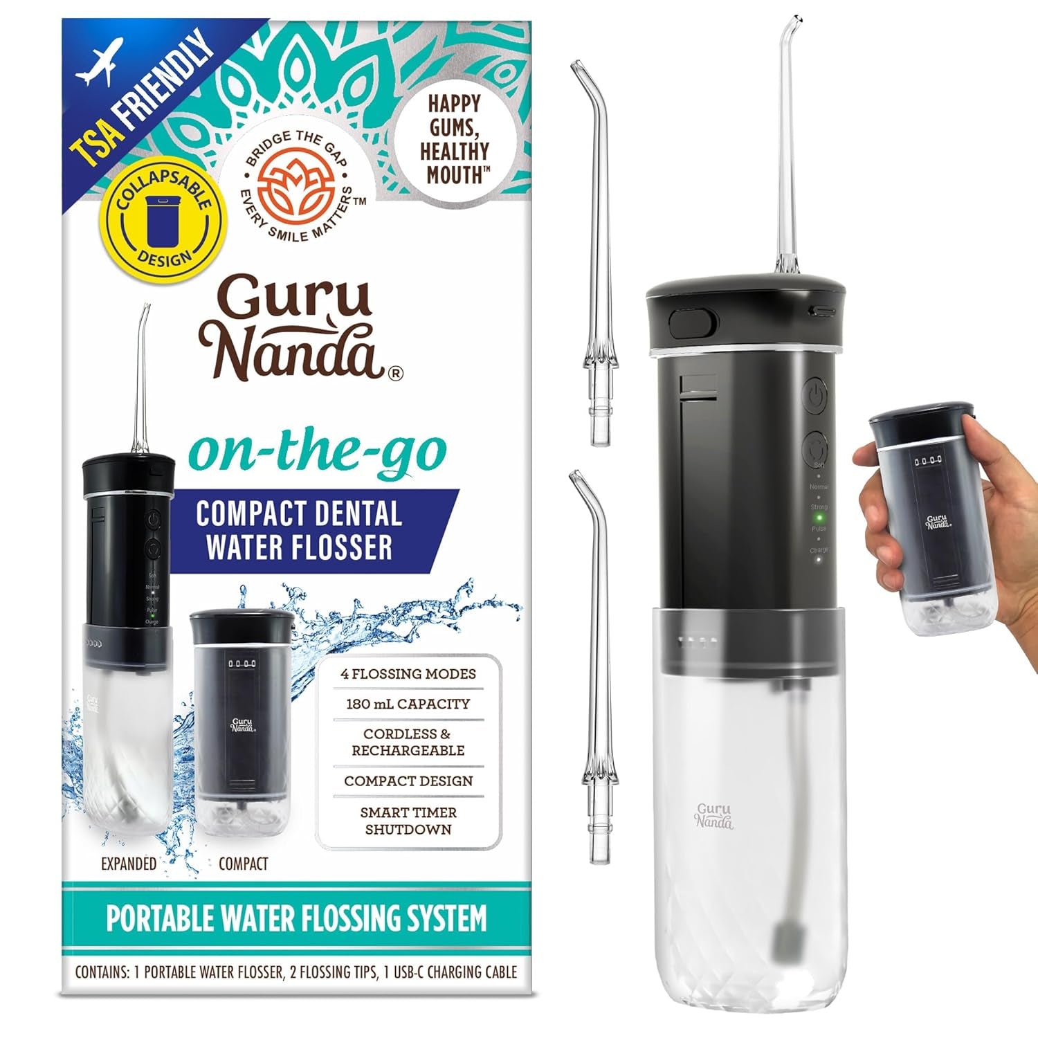Compact Water Dental Flosser, Portable Travel Size Oral Irrigator Flosser with Collapsible 180 Ml Tank, Smart Timer, 4 Flossing Modes, Tsa-Friendly - Black