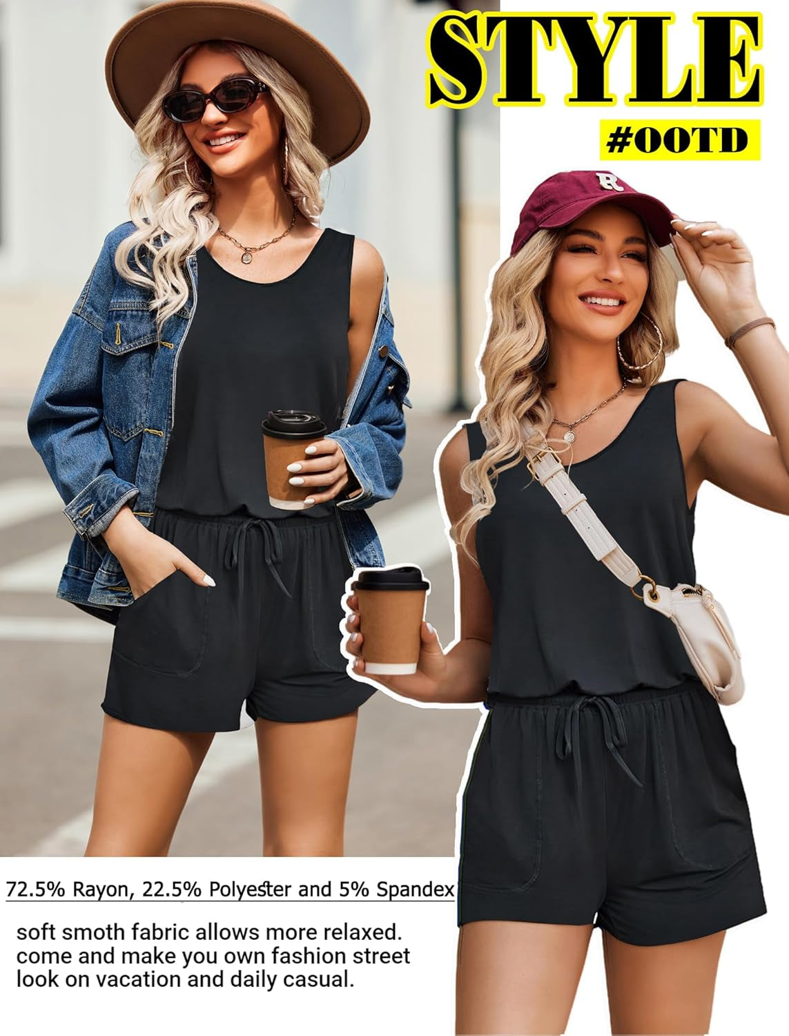Rompers for Women Summer Sleeveless Scoop Neck Tank Top Casual Short Jumpsuit Rompers with Pockets