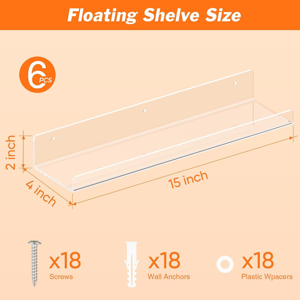 6 Pack Floating Shelves for Wall, 15" Clear Book Shelf, Acrylic Floating Wall Shelf, Display Shelves Organizer for Bathroom, Classroom, Bedroom, Living Room, Kitchen, Room Decor