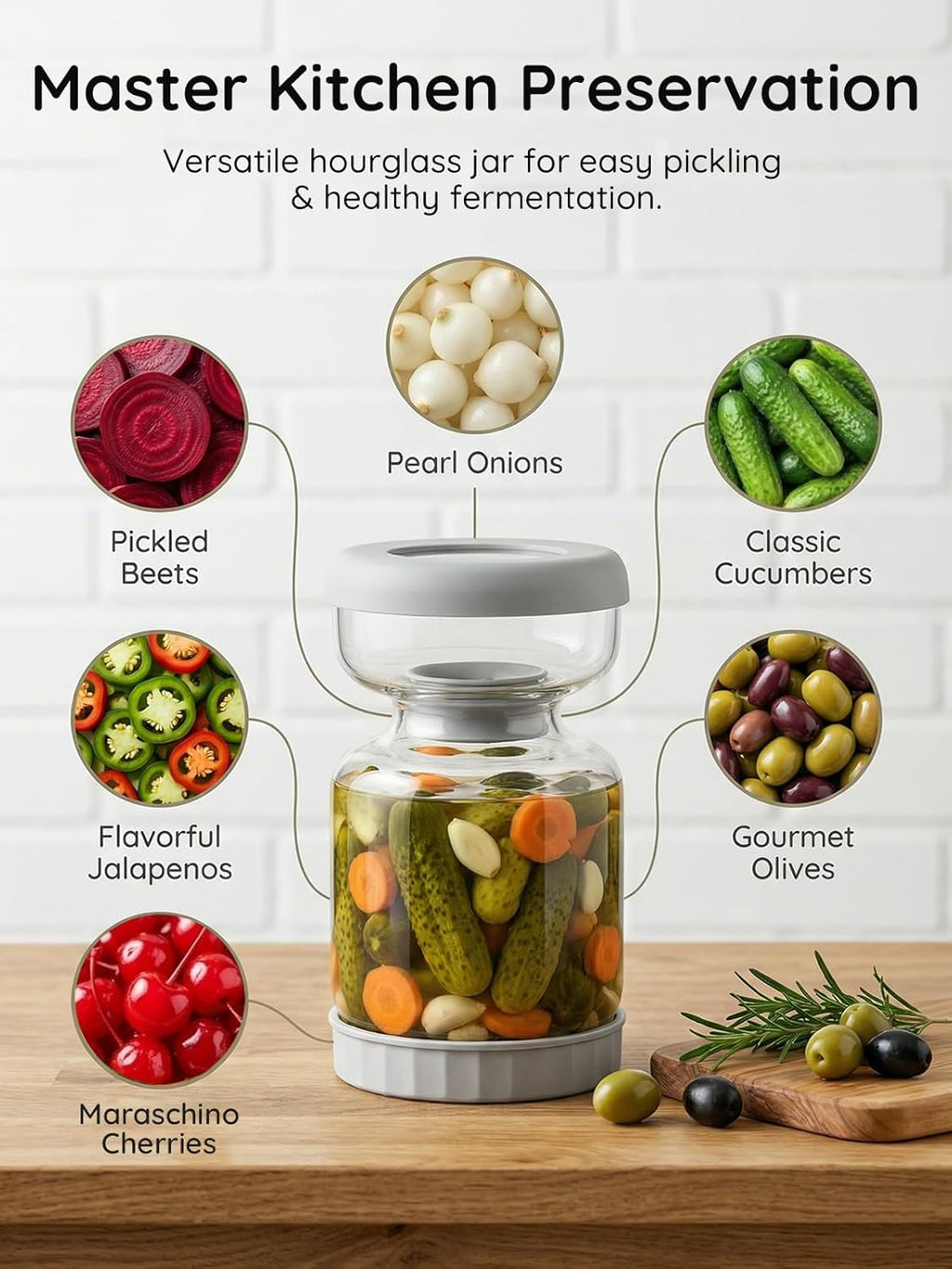Pickle and Olive Hourglass Jar with Strainer Flip for Pickle Juice Separator from Wet and Dry, Upgrade Food-Grade ABS Lid and BPA Free Hourglass Jar for Airtight Storage