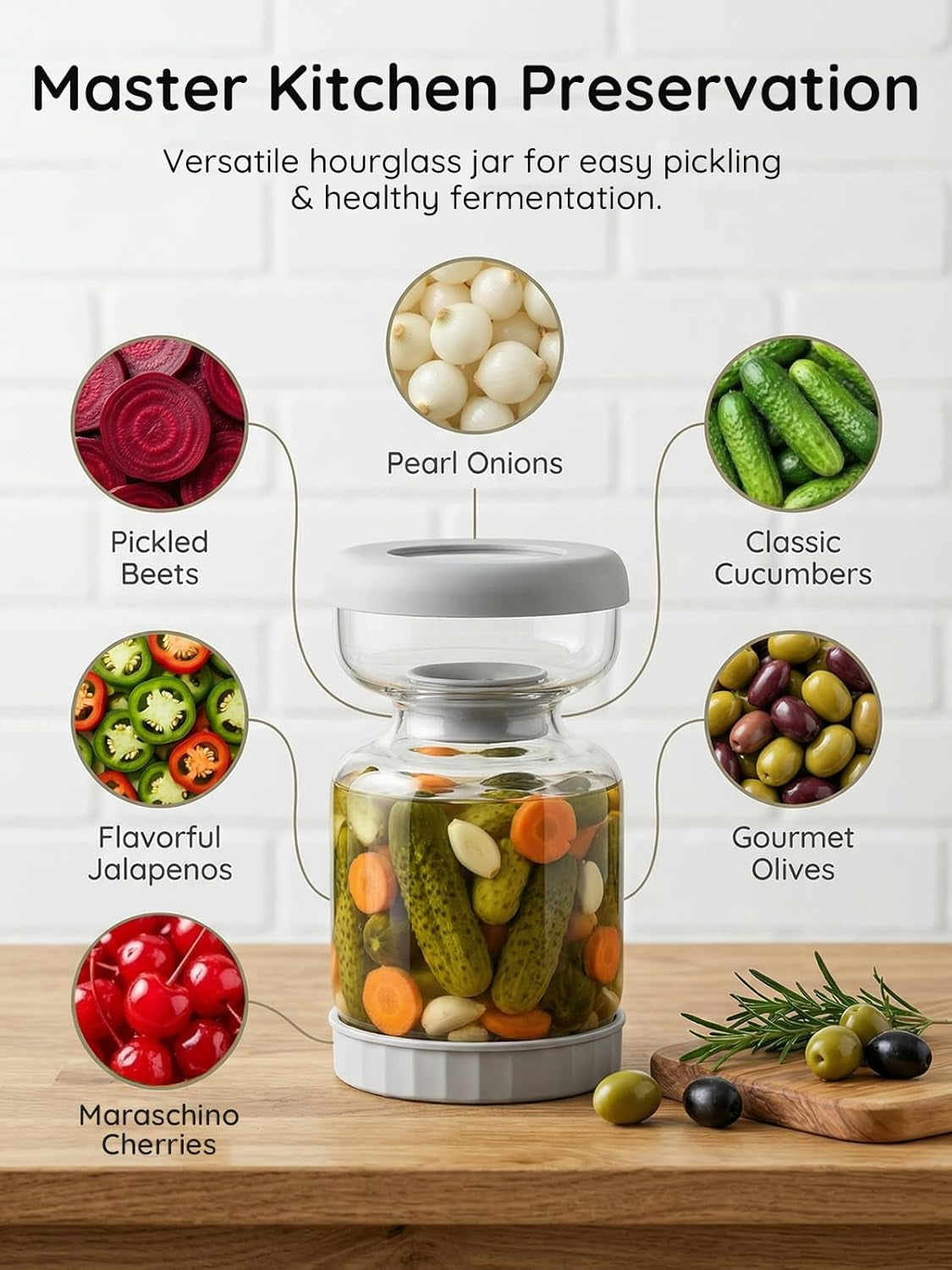 Pickle and Olive Hourglass Jar with Strainer Flip for Pickle Juice Separator from Wet and Dry, Upgrade Food-Grade ABS Lid and BPA Free Hourglass Jar for Airtight Storage