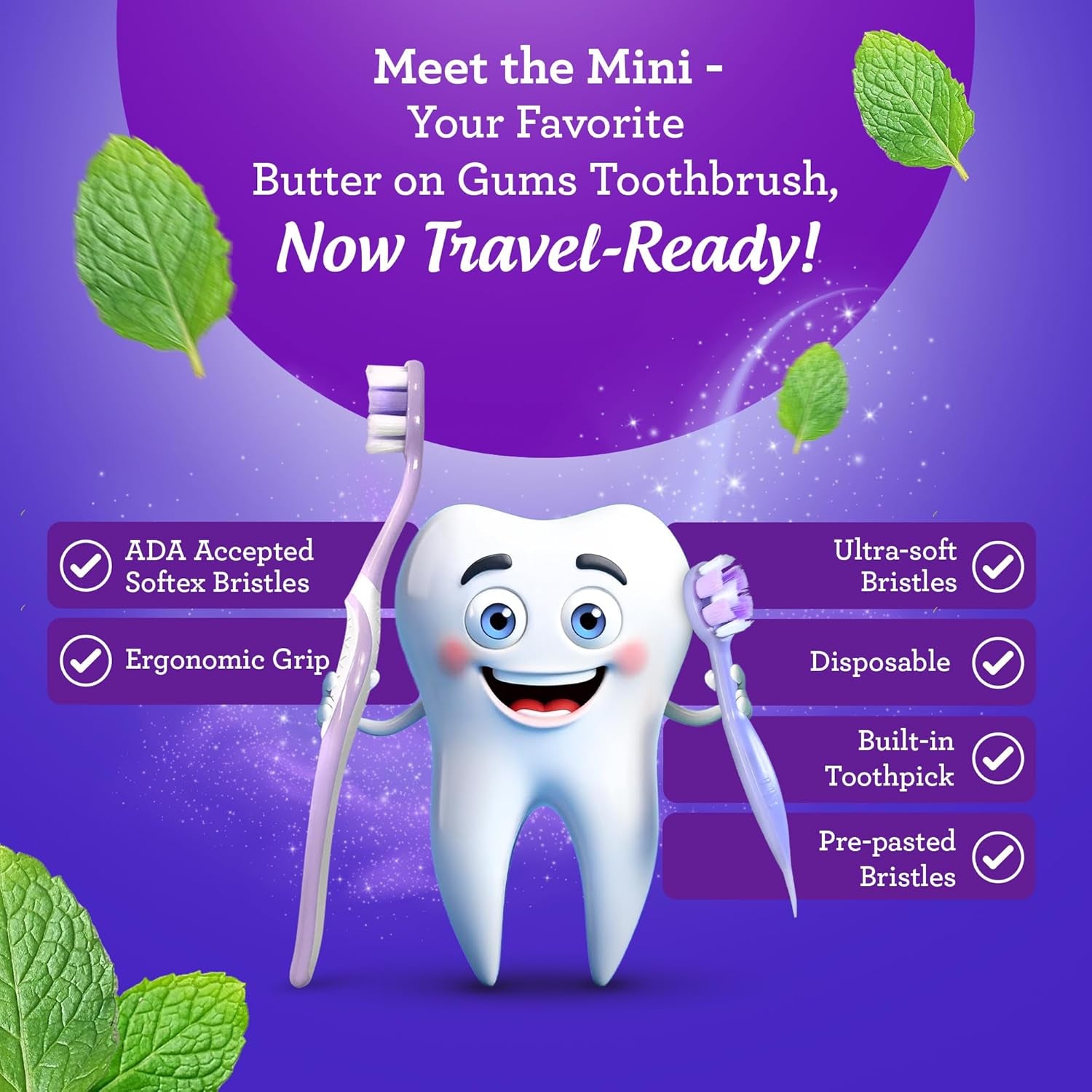 Ready-To-Go Disposable Mini Travel Toothbrush - Butter on Gums Softex Bristles, Prepasted Toothbrush & Toothpick - Fluoride-Free, No Rinsing Needed, Individually Wrapped, 70 Ct