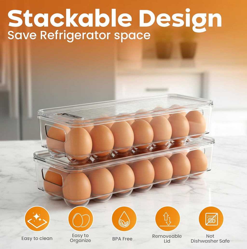 Egg Container with Lid and Handle for Refrigerator Organization- Pack of 2 - Clear Stackable Egg Holder for Kitchen or Pantry Organizers and Storage