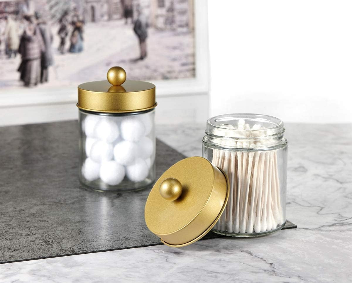 Apothecary Jars Bathroom Storage Organizer -Countertop Storage Organizer Canister Jar - Cute Qtip Dispenser Holder Glass with Lid- for Cotton Swabs,Bath Salts,Hair Band / 2-Pack(Gold)