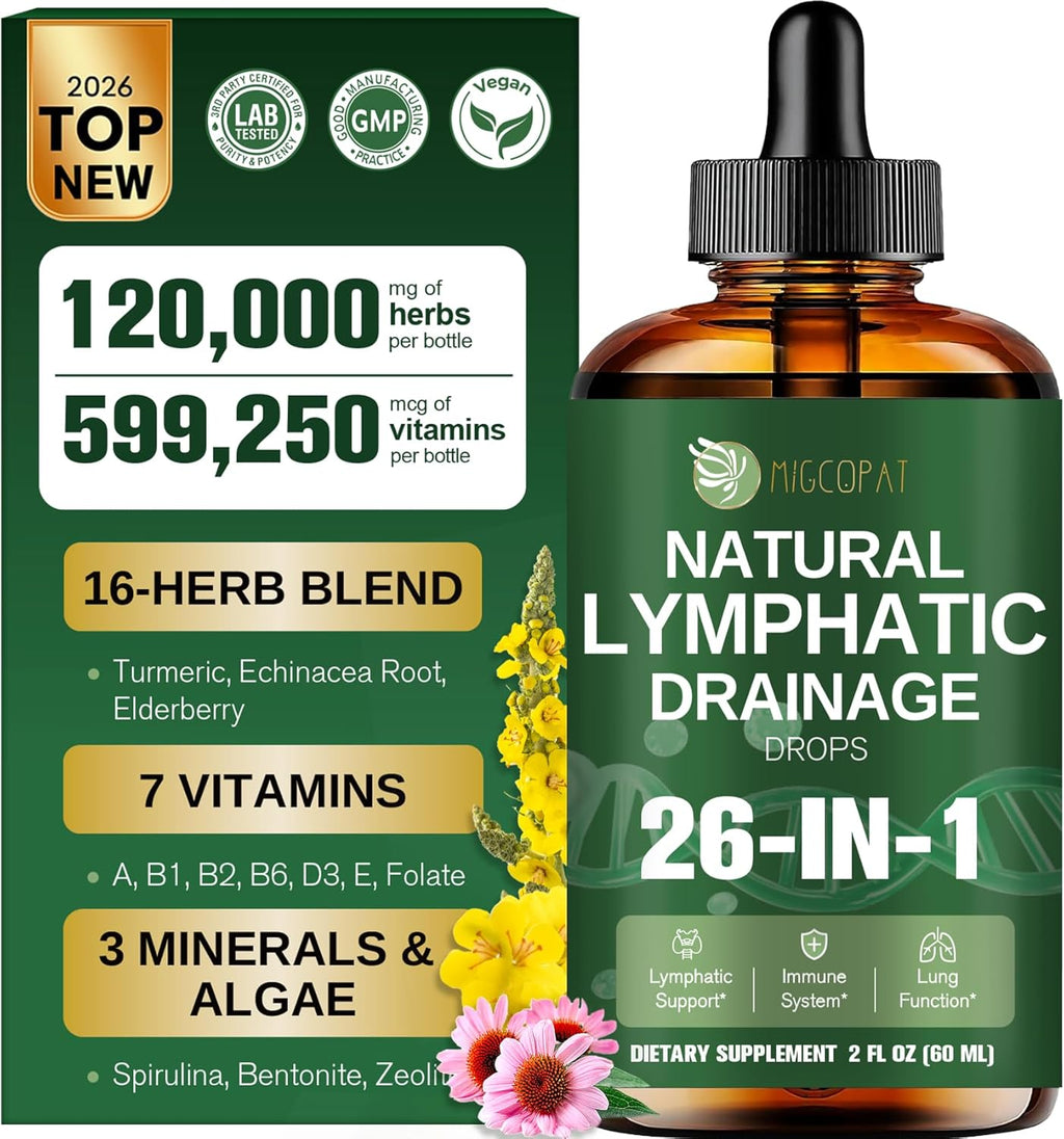 26-In-1 Liposomal Lymphatic Drainage Drops, Echinacea, Turmeric, Elderberry, Dandelion, Vitamins and Mullein Drops for Lungs, Lymphatic, Immune Support, Liver Cleanse Detox & Repair, 2 Fl Oz