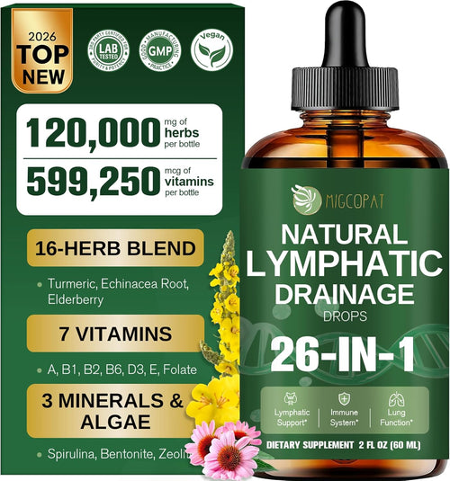 26-In-1 Liposomal Lymphatic Drainage Drops, Echinacea, Turmeric, Elderberry, Dandelion, Vitamins and Mullein Drops for Lungs, Lymphatic, Immune Support, Liver Cleanse Detox & Repair, 2 Fl Oz
