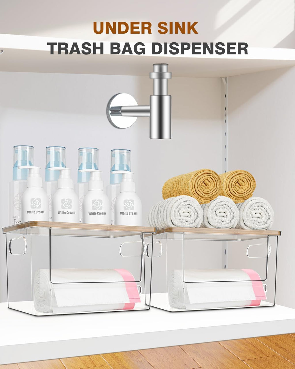 Trash Bag Holder, Acrylic Garbage Bag Dispenser with Bamboo Top, Extra Large Trash Bags Dispenser under Sink for Kitchen, Pantry, Laundry Room, Cabinet Organizer and Storage (1 PACK)