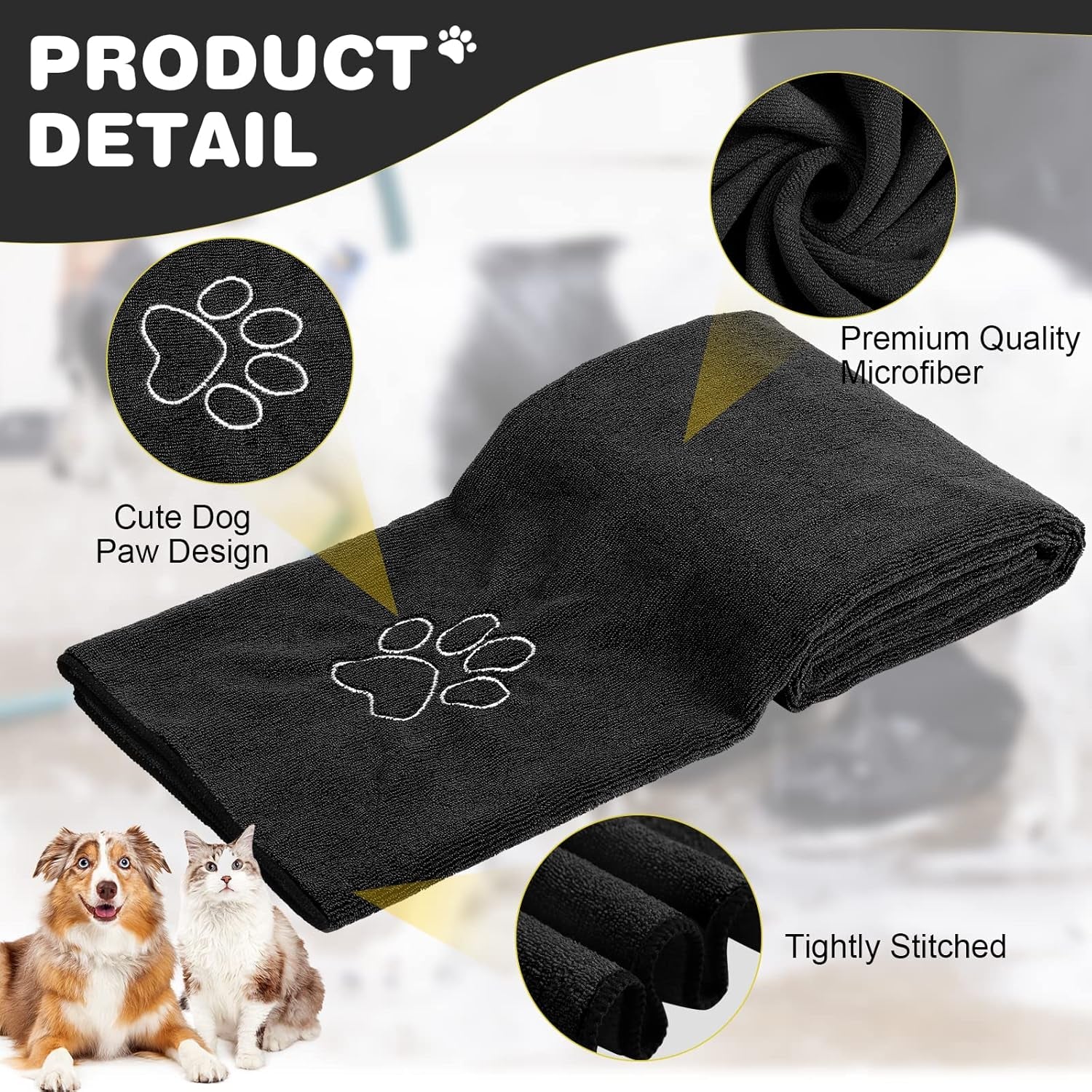 4 Pack Dog Towels for Drying Large Microfiber Grooming Tools Absorbent Soft Bath Supplies with Embroidered Paw for Small Medium Pet Products(16 X 32 Inch,Black)
