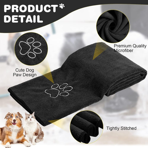 4 Pack Dog Towels for Drying Large Microfiber Grooming Tools Absorbent Soft Bath Supplies with Embroidered Paw for Small Medium Pet Products(16 X 32 Inch,Black)