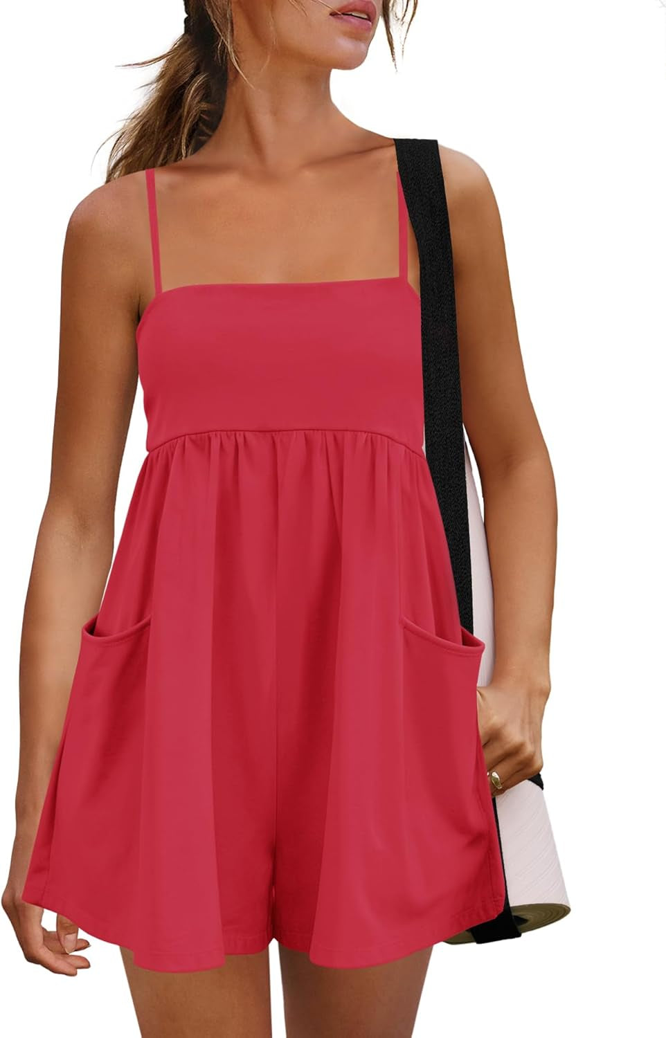 Womens Summer Rompers Beach Vacation Clothes Spaghetti Strap Short Jumpsuits Square Neck Dress with Pockets