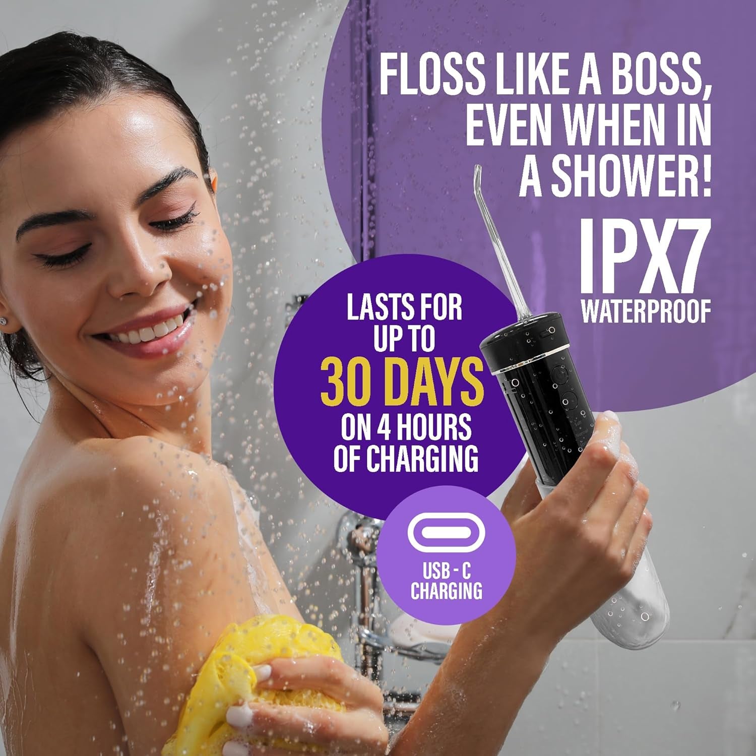 Compact Water Dental Flosser, Portable Travel Size Oral Irrigator Flosser with Collapsible 180 Ml Tank, Smart Timer, 4 Flossing Modes, Tsa-Friendly - Black
