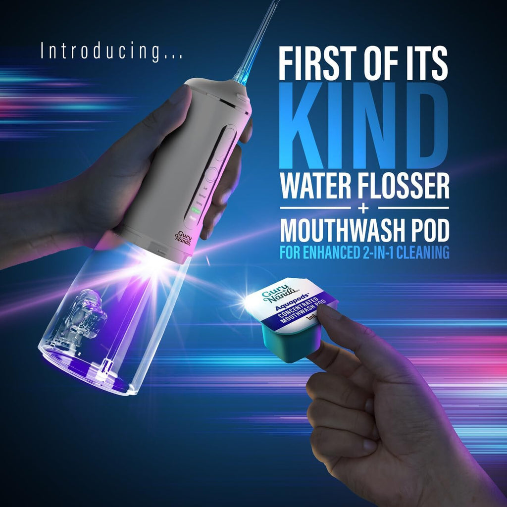 Advanced Dental Water Flosser 3.0 with UV Mode Water Flosser & 24 Aquapods with Mouthwash for Fresh Breath & Plaque Removal, Compact & Tsa-Friendly