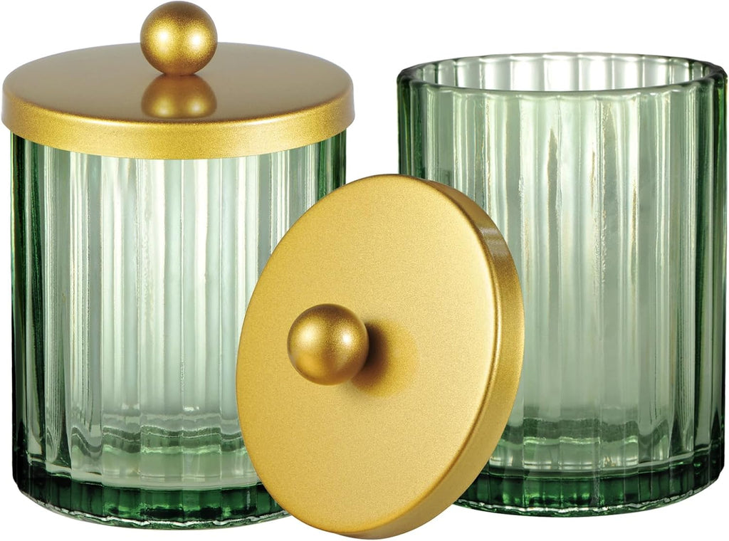 Sage Green Glass Qtip Holder Dispenser, Bathroom Canister Apothecary Jar for Cotton Swabs, Cotton Balls, round Pads, Floss Picks, Countertop Storage Organizer Container for Vanity,Gold 2 Pack