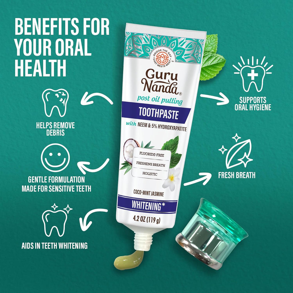 Hydroxyapatite Toothpaste for Whitening with Neem & Xylitol, SLS & Fluoride Free Formula with Tongue Scraper & Squeezer - Freshens Breath, Fights Plaque - Natural Cocomint Jasmine, 4.2Oz