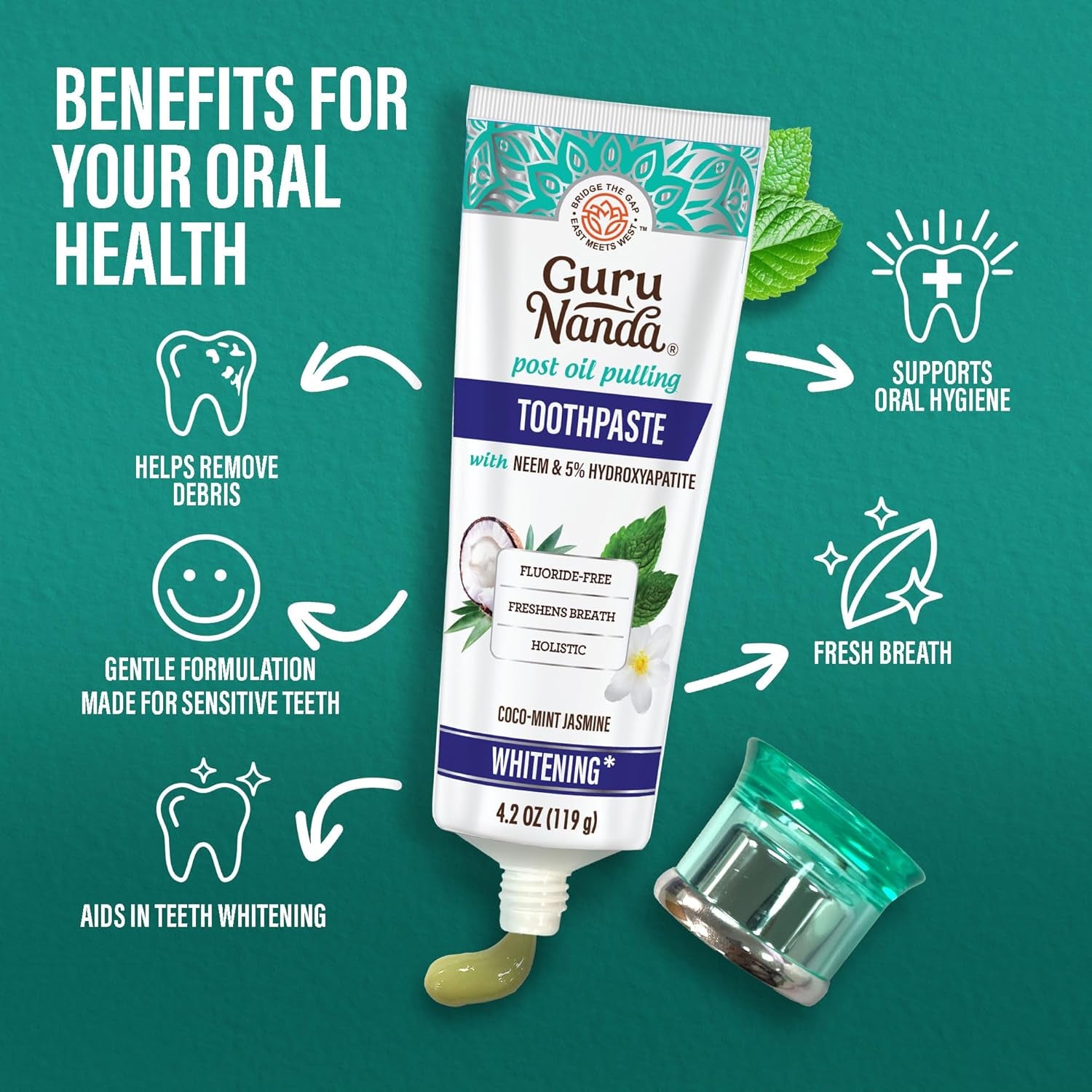 Hydroxyapatite Toothpaste for Whitening with Neem & Xylitol, SLS & Fluoride Free Formula with Tongue Scraper & Squeezer - Freshens Breath, Fights Plaque - Natural Cocomint Jasmine, 4.2Oz
