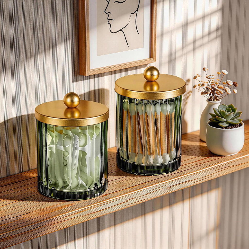 Sage Green Glass Qtip Holder Dispenser, Bathroom Canister Apothecary Jar for Cotton Swabs, Cotton Balls, round Pads, Floss Picks, Countertop Storage Organizer Container for Vanity,Gold 2 Pack