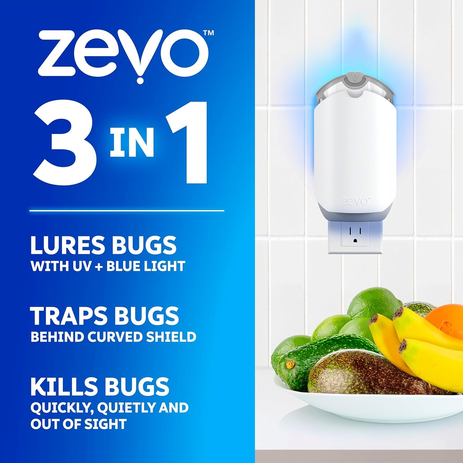 Flying Insect Trap & 3 Refill Cartridges - Plug in Fly Trap & Indoor Bug Catcher for Gnats, House & Fruit Flies - Blue & UV Light Technology, Mess-Free Alternative to Bug Zapper