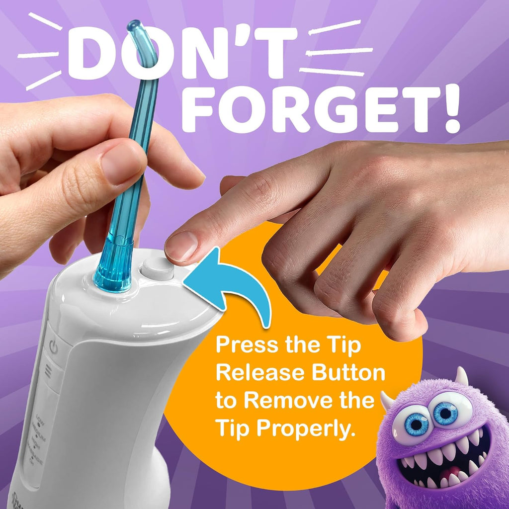 Kids Water Dental Flosser - 4 Flossing Modes, 4 Nozzles, 2-Min Smart Timer, Ages 6+, Monster Frens Theme, Portable Oral Care for Kids