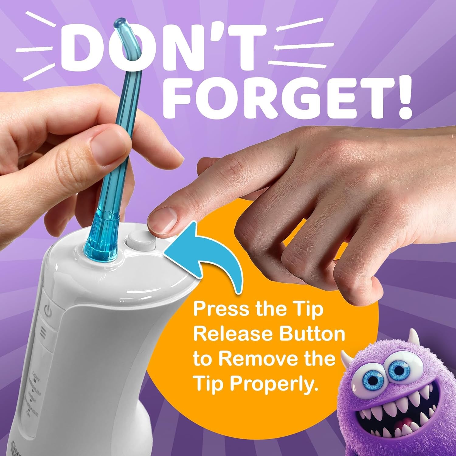 Kids Water Dental Flosser - 4 Flossing Modes, 4 Nozzles, 2-Min Smart Timer, Ages 6+, Monster Frens Theme, Portable Oral Care for Kids