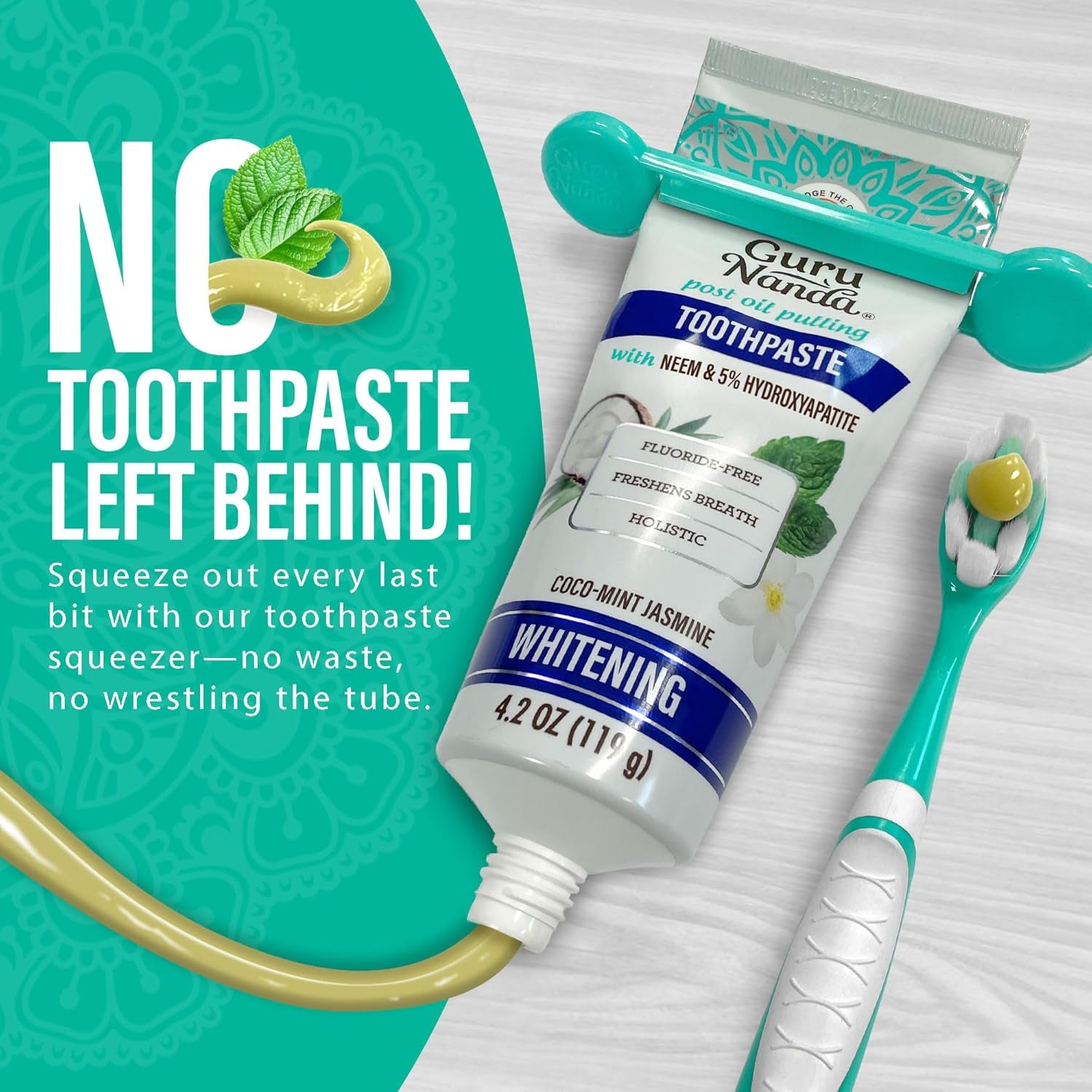 Hydroxyapatite Toothpaste for Whitening with Neem & Xylitol, SLS & Fluoride Free Formula with Tongue Scraper & Squeezer - Freshens Breath, Fights Plaque - Natural Cocomint Jasmine, 4.2Oz