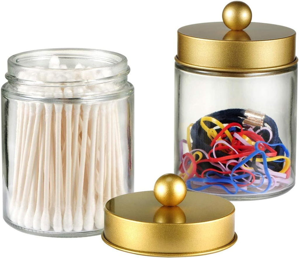 Apothecary Jars Bathroom Storage Organizer -Countertop Storage Organizer Canister Jar - Cute Qtip Dispenser Holder Glass with Lid- for Cotton Swabs,Bath Salts,Hair Band / 2-Pack(Gold)