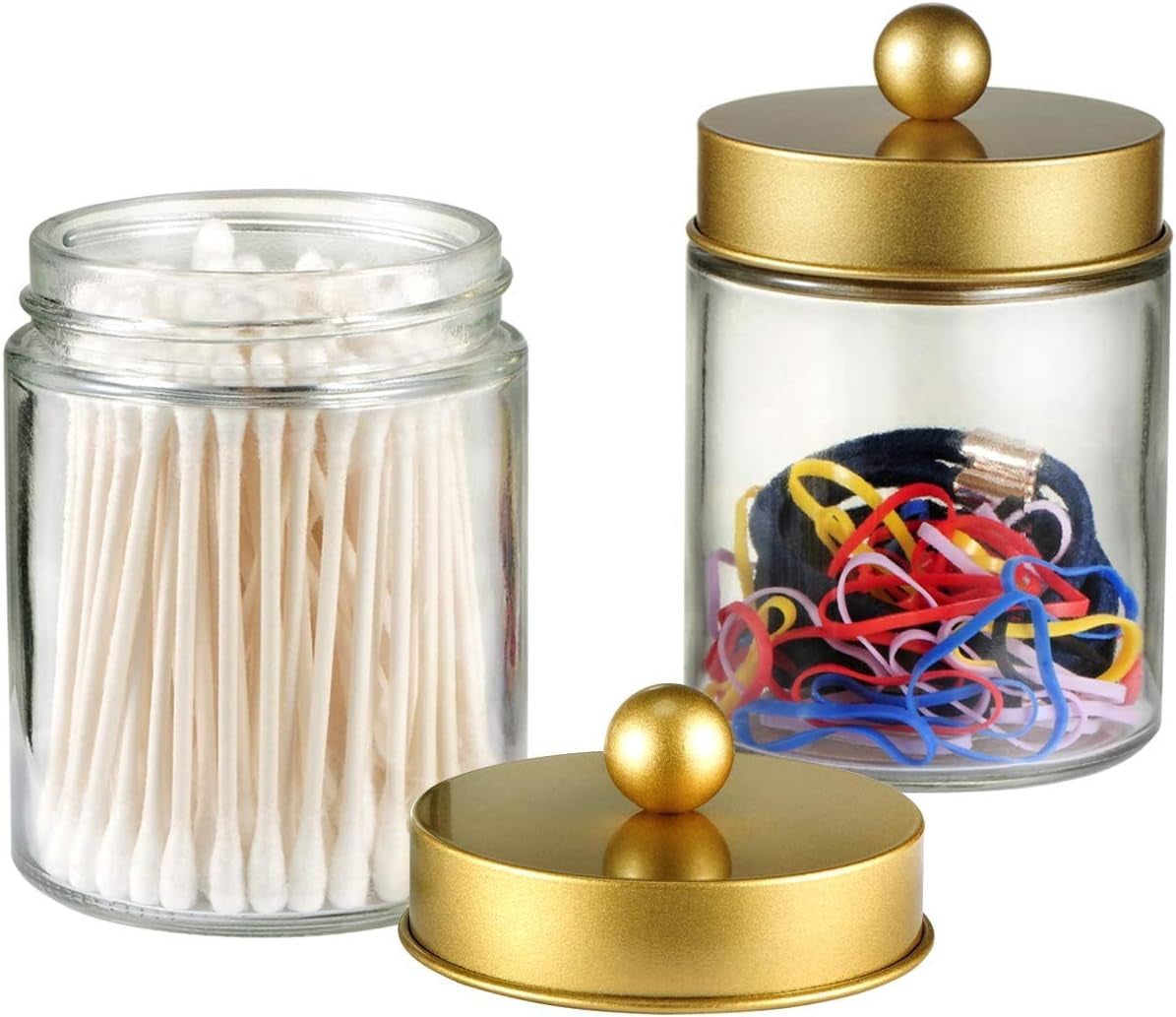 Apothecary Jars Bathroom Storage Organizer -Countertop Storage Organizer Canister Jar - Cute Qtip Dispenser Holder Glass with Lid- for Cotton Swabs,Bath Salts,Hair Band / 2-Pack(Gold)