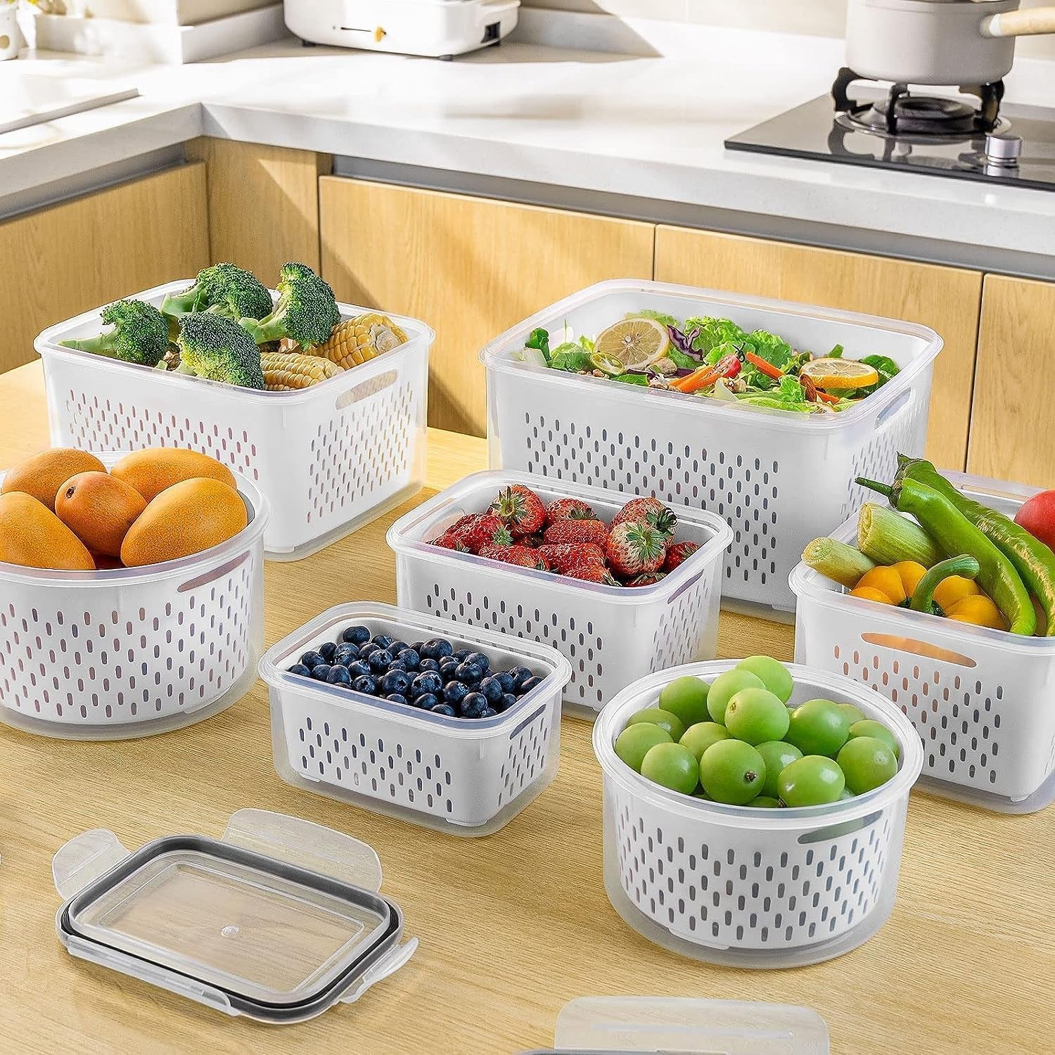 5 PCS Large Fruit Containers for Fridge - Leakproof Food Storage Containers with Removable Colander - Dishwasher & Microwave Safe Produce Containers Keep Fruits, Vegetables, Berry, Meat Fresh Longer