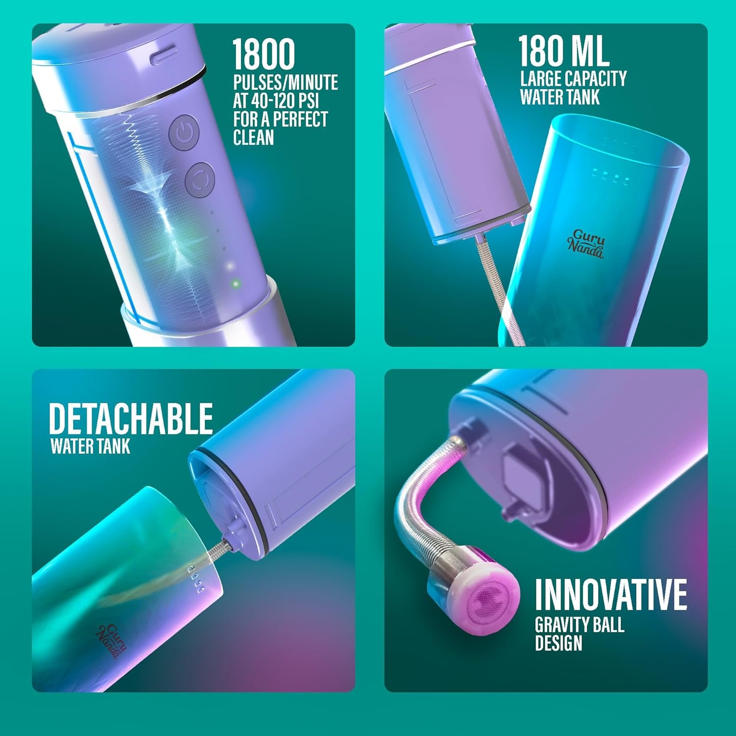 Compact Water Dental Flosser, Portable Travel Size Oral Irrigator Flosser with Collapsible 180 Ml Tank, Smart Timer, 4 Flossing Modes, Tsa-Friendly - Lavender