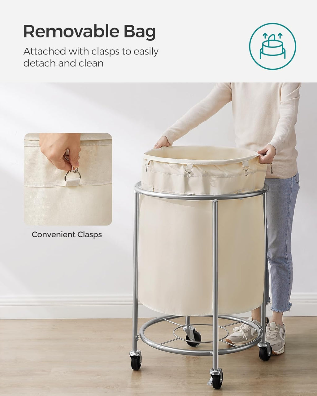 50.2-Gallon (190 L) Laundry Basket with Wheels, Rolling round Heavy-Duty Laundry Hamper Cart with Steel Frame and Removable Bag, 2 Locking Wheels, Cream White and Metallic Silver URLS01MZ