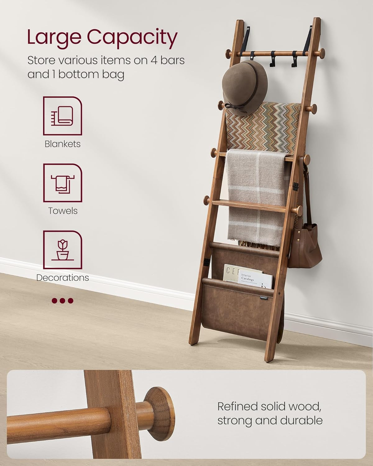 Blanket Ladder for Living Room, 5-Tier Wooden Ladder Shelf, Decorative Farmhouse Blanket Rack with Synthetic Leather Bag, Metal Hooks, Side Hooks, for Bedroom, Caramel Brown ULLS022K01