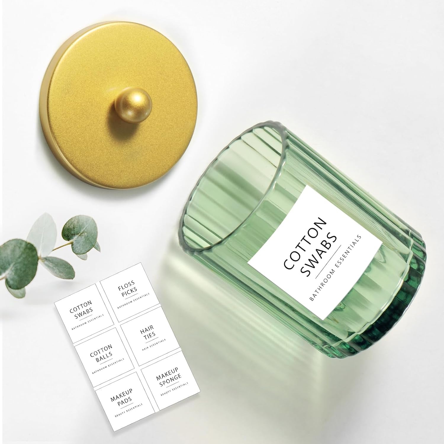 Sage Green Glass Qtip Holder Dispenser, Bathroom Canister Apothecary Jar for Cotton Swabs, Cotton Balls, round Pads, Floss Picks, Countertop Storage Organizer Container for Vanity,Gold 2 Pack