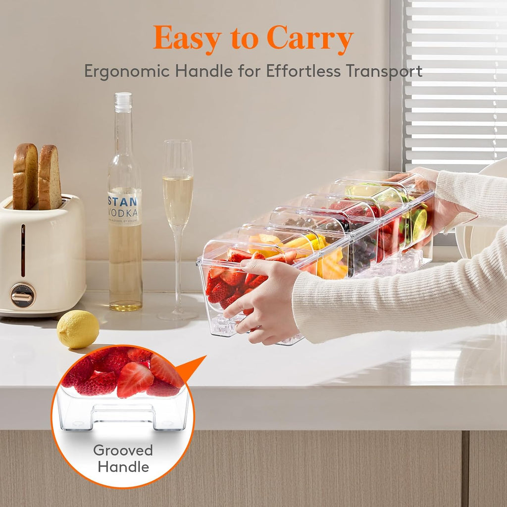 Taco Bar Serving Set for Party with 5 X 20 Oz Containers & Components, Ice Chilled Condiment Caddy Organizer, Garnish Serving Tray Platter for Mimosa Bar Accessories, Fruit, Salad, Food