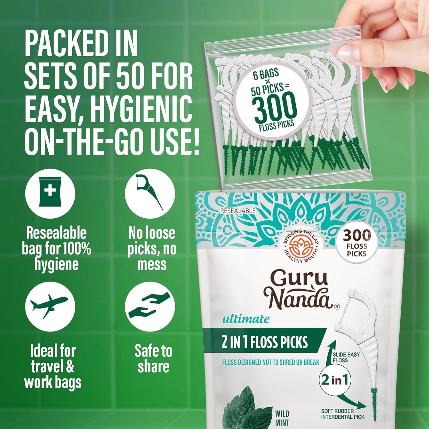 2 in 1 Dental Floss Picks for Oral Care, PFAS Free – Non-Slip Grip, Slide Easy, No Break or Shred Flosser with Interdental Pick for Healthy Teeth & Gums – Mint Flavor, 300 Count (1 Pack)